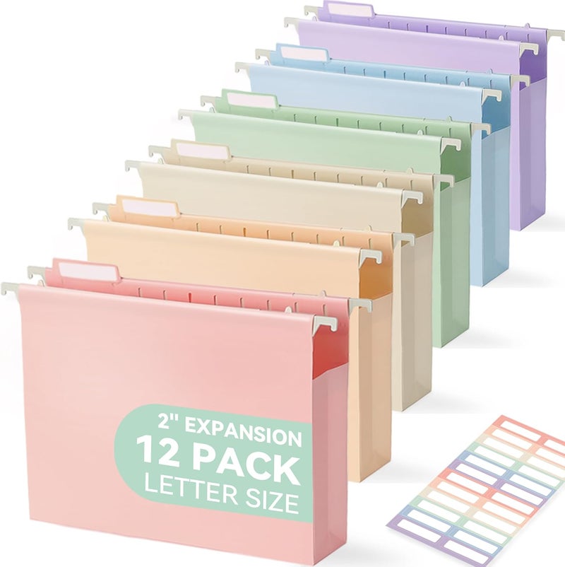 SortRax Plastic Extra Capacity Hanging File Folders, 2" Pastel Expanding Pocket, Heavy Duty for Filing Cabinet, Insertable 1/5-Cut Tabs, Letter Size - 12 Pack - Image 1